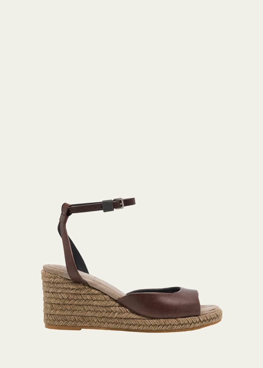 Brunello Cucinelli Leather Monili Buckle Wedge Espadrilles