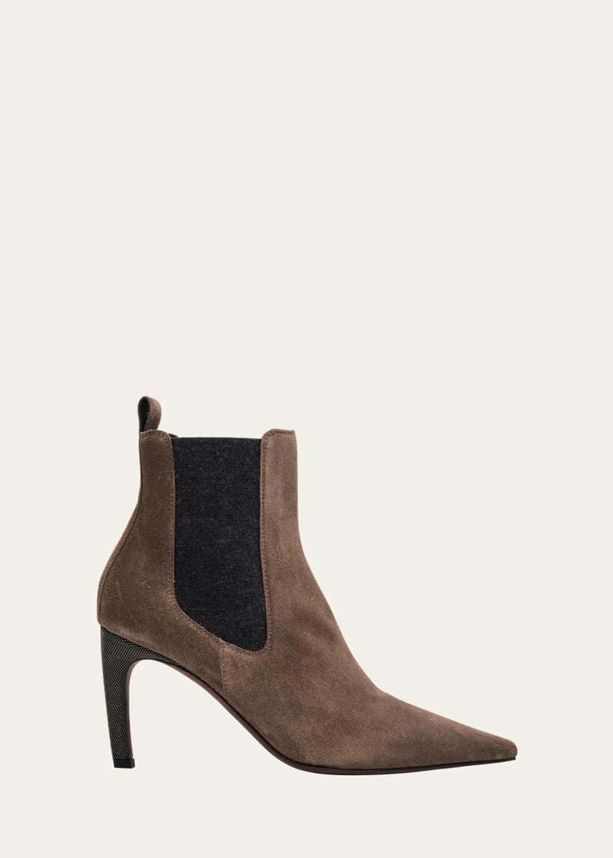 Brunello Cucinelli Suede Monili-Heel Chelsea Booties