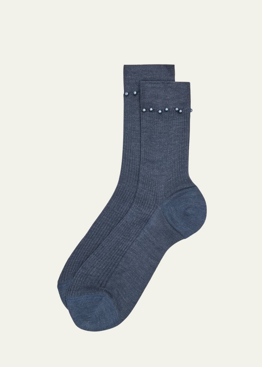 Maria La Rosa Piercing Ribbed Pearly-Embellished Silk Socks