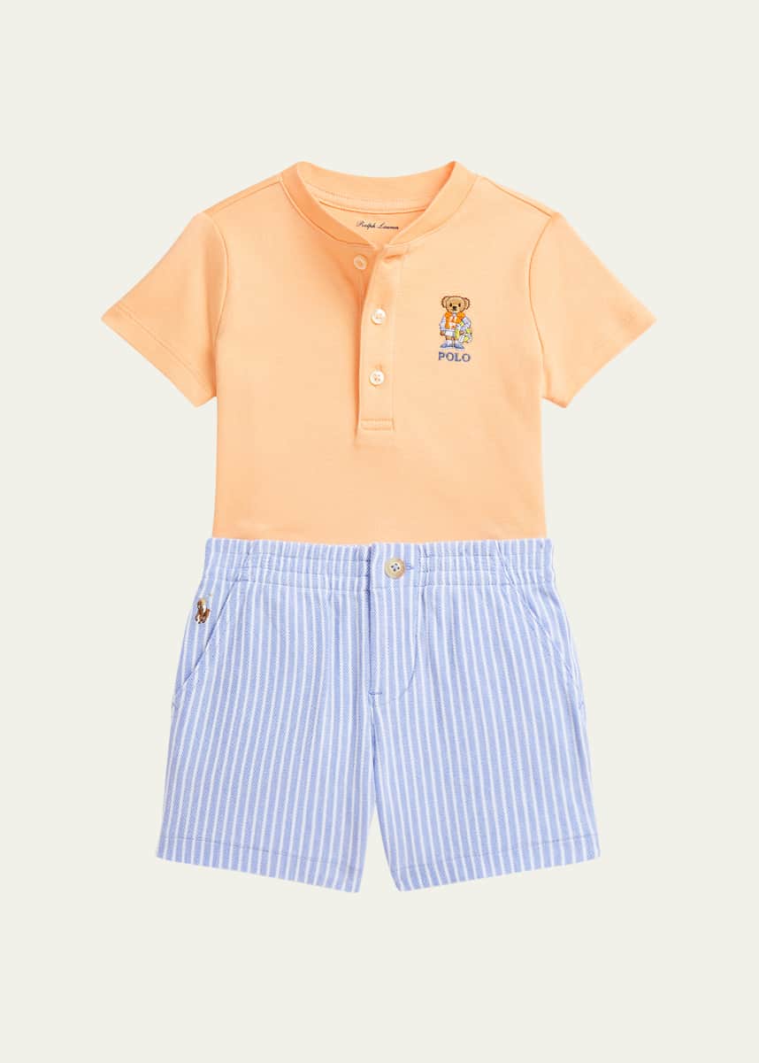 Ralph Lauren Childrenswear Boy's Polo Bear Seersucker Henley Shirt and Shorts Set, Size 3M-24M