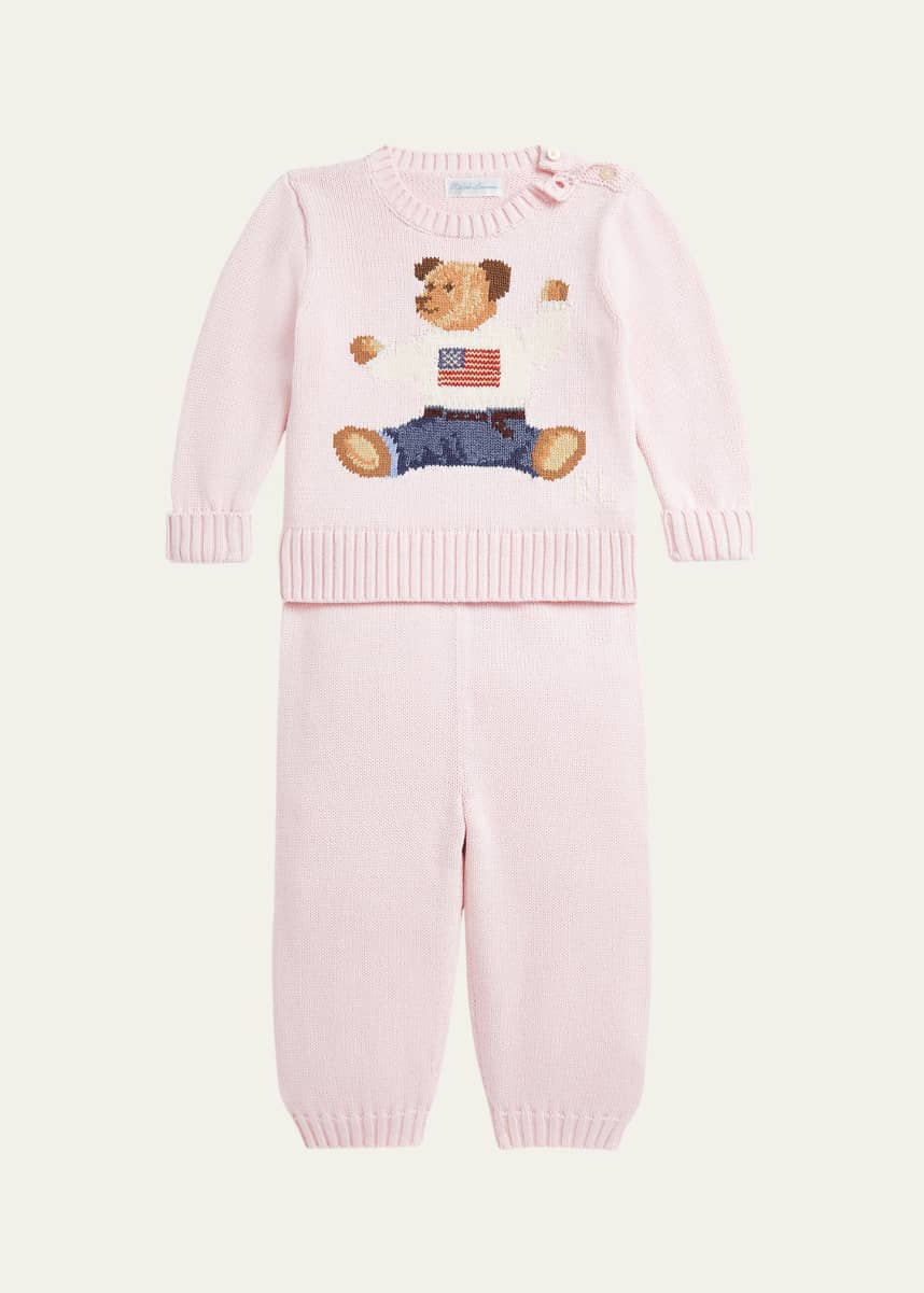 Ralph Lauren Childrenswear Girl's Flag Bear Intarsia Knit Sweater and Pants Set, Size 3M-24M