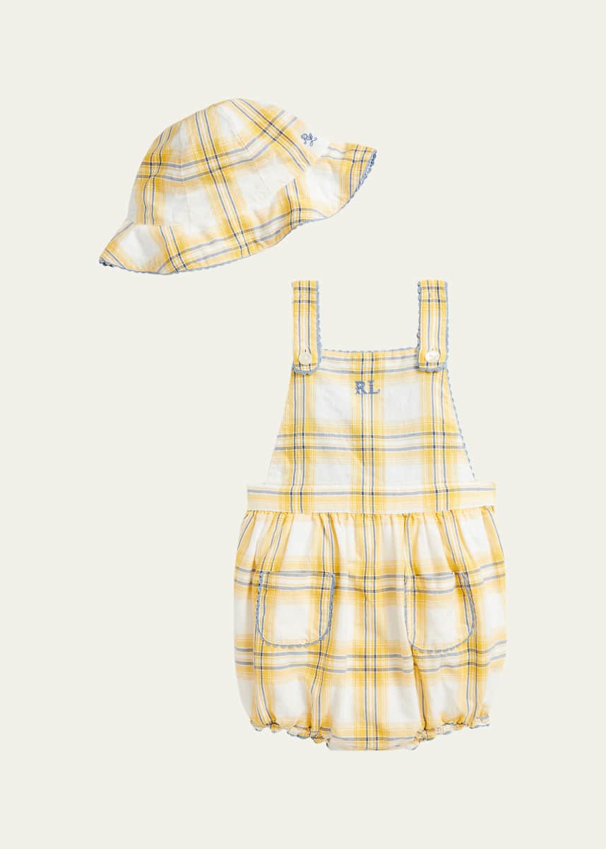 Ralph Lauren Childrenswear Girl's Plaid Dobby Cotton Shortalls, Size 3M-24M