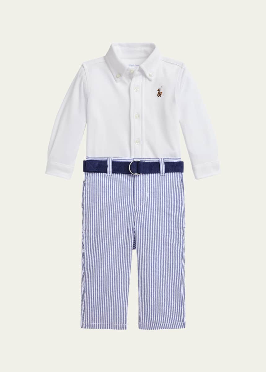 Ralph Lauren Childrenswear Kid's Cotton Shirt & Seersucker Belted Pants Set, Size 3M-24M