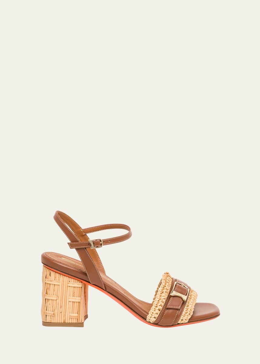 Santoni Vela Buckle Leather Raffia Block-Heel Sandals
