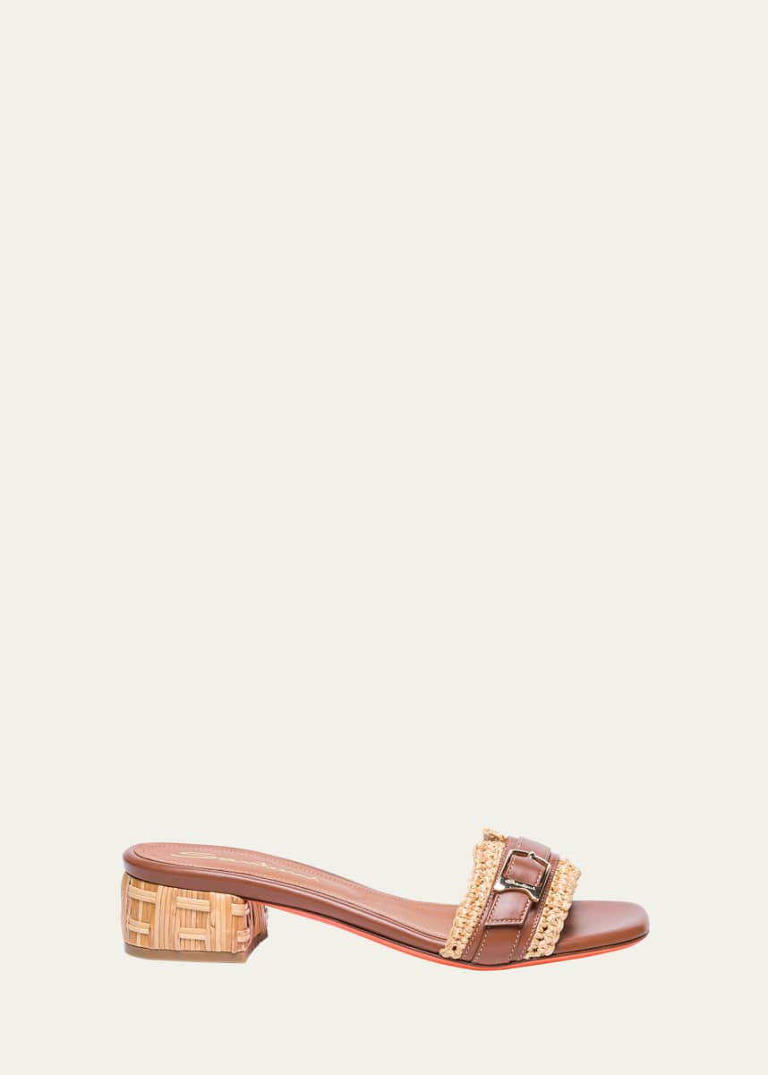 Santoni Vela Woven Raffia Leather Mule Sandals