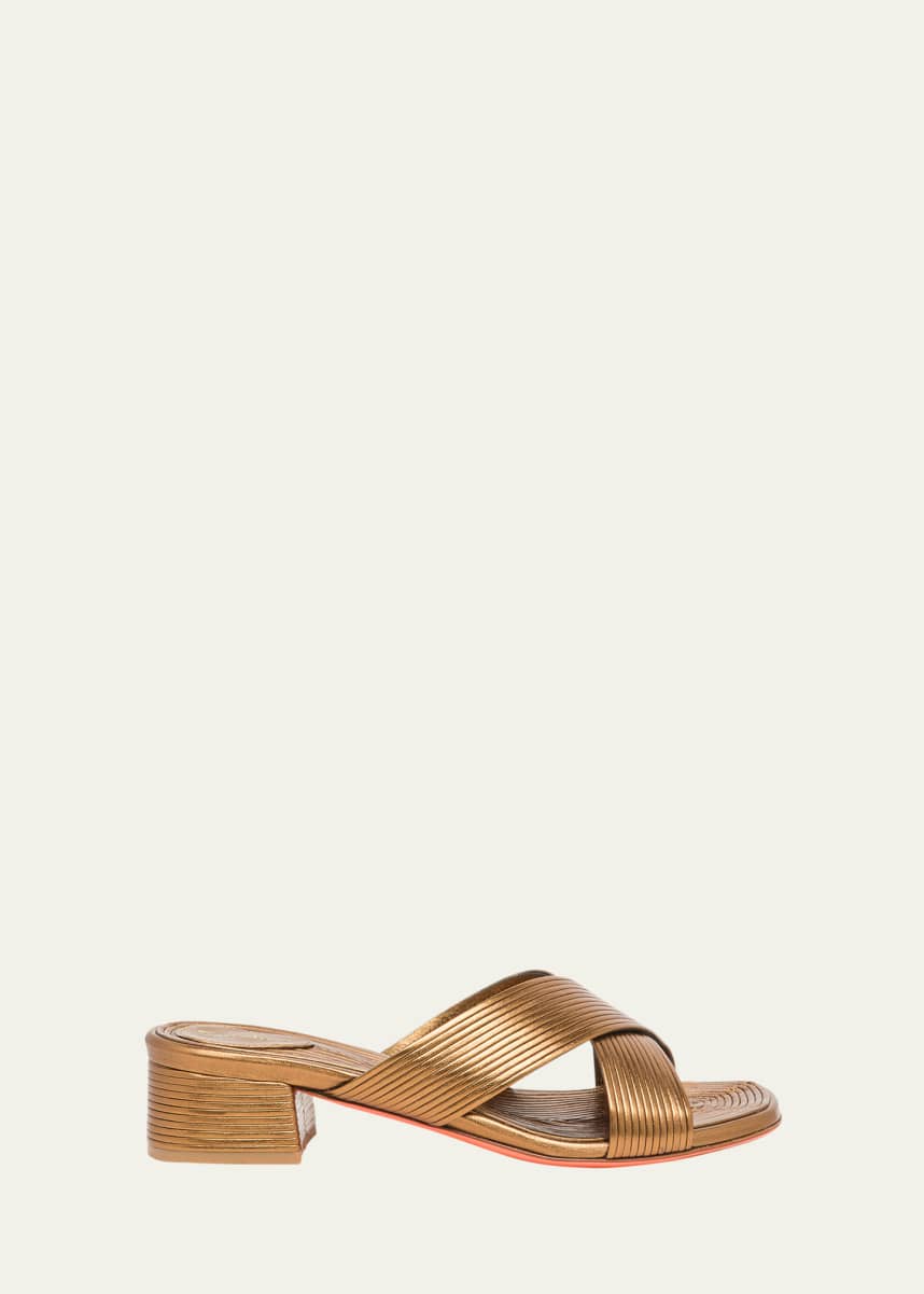 Santoni Serpentine Metallic Leather Crisscross Mule Sandals