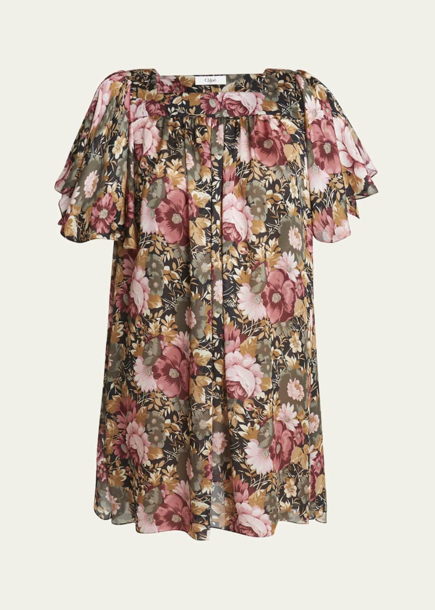 Chloe Rose Print Pleated Mini Silk Dress