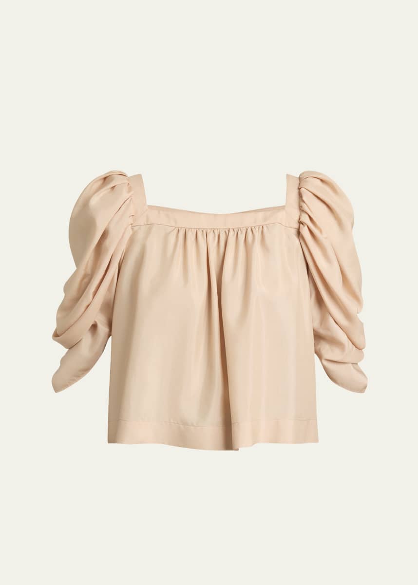 Chloe Puff-Sleeve Pleated Silk Top