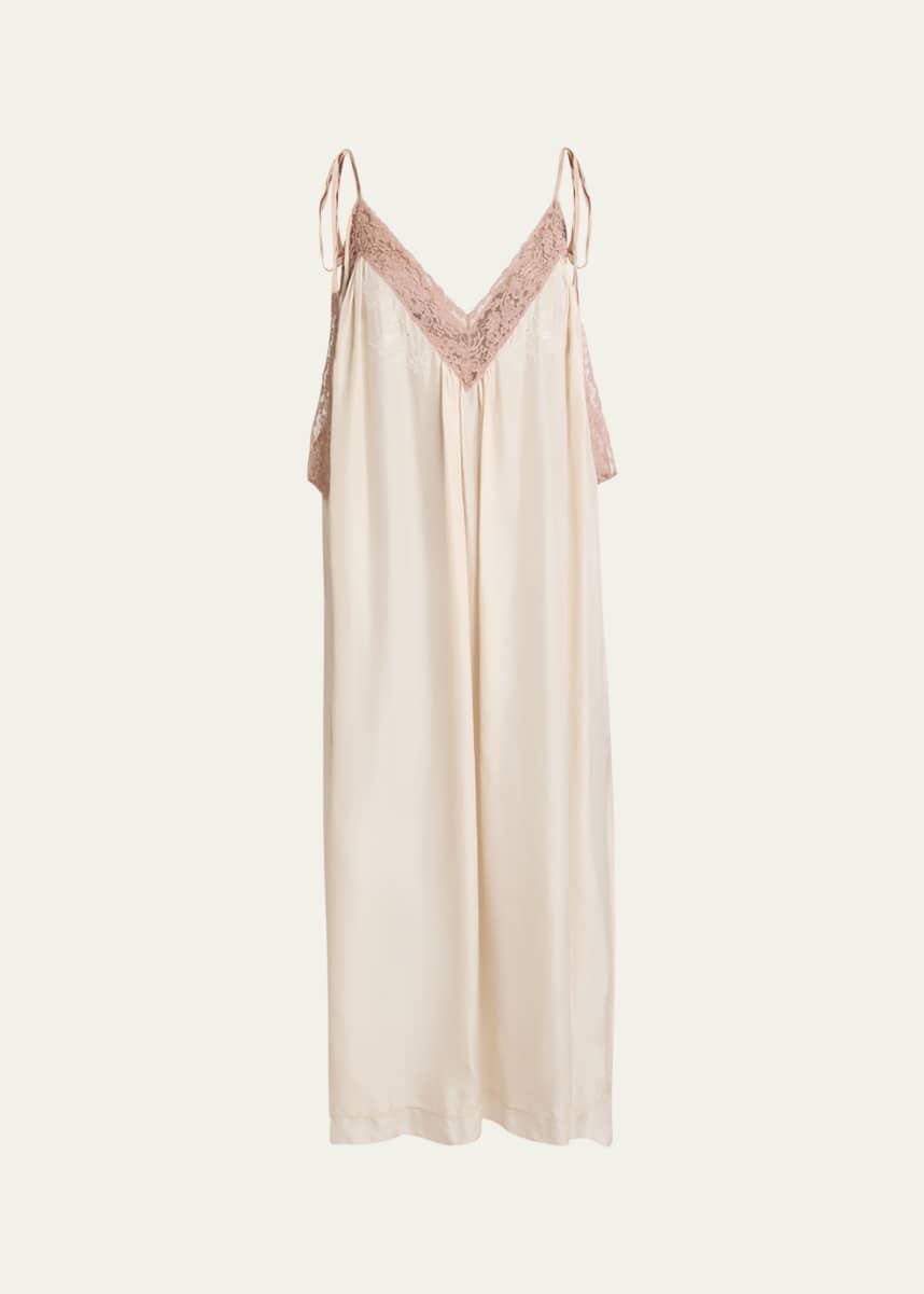 Chloe Long Lace-Trim Silk Slip Dress