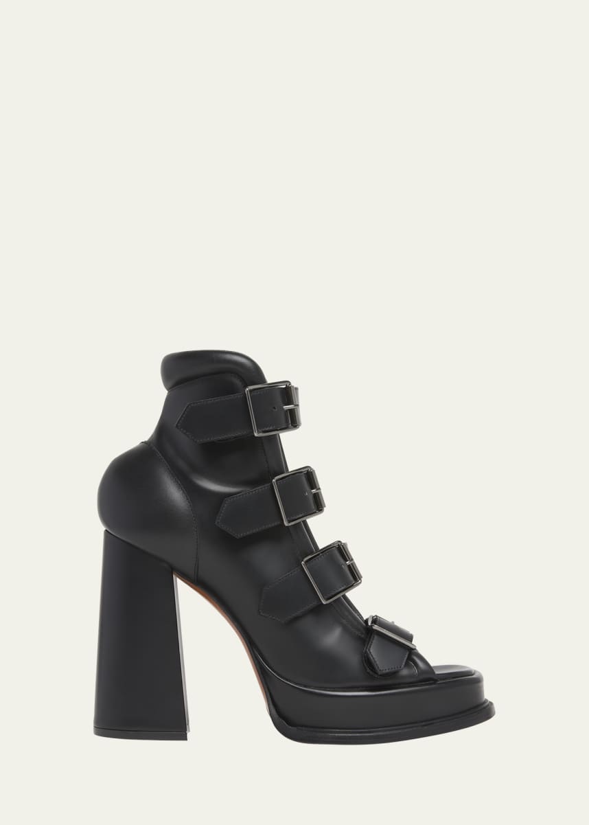 McQueen Buckle Leather Peep-Toe Sandals