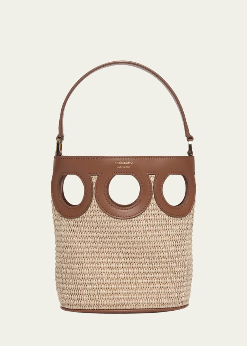 Ferragamo Gancini Frame Raffia Bucket Bag