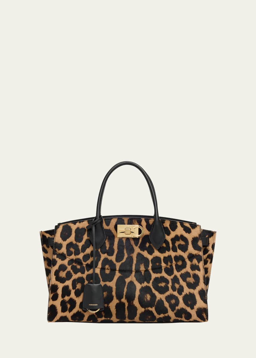 Ferragamo The New Studio Leopard Calf Hair Top-Handle Bag