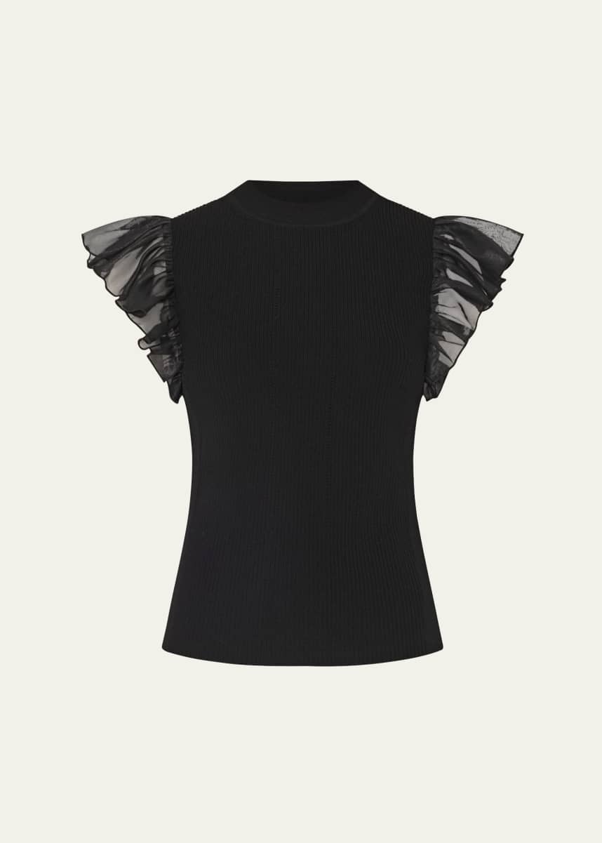 Milly Ribbed Chiffon Flutter-Sleeve Top