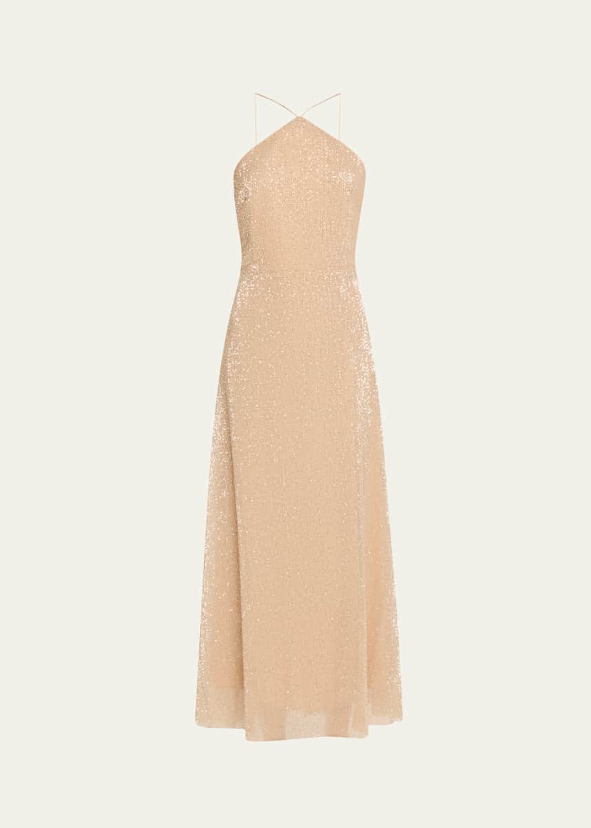 Halston Denise Sleeveless Sequin Halter Midi Dress