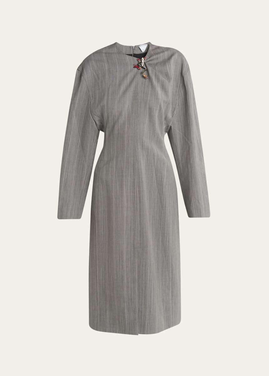 Bottega Veneta Subtle Stripe Melange Wool Dress with Frog Brooch