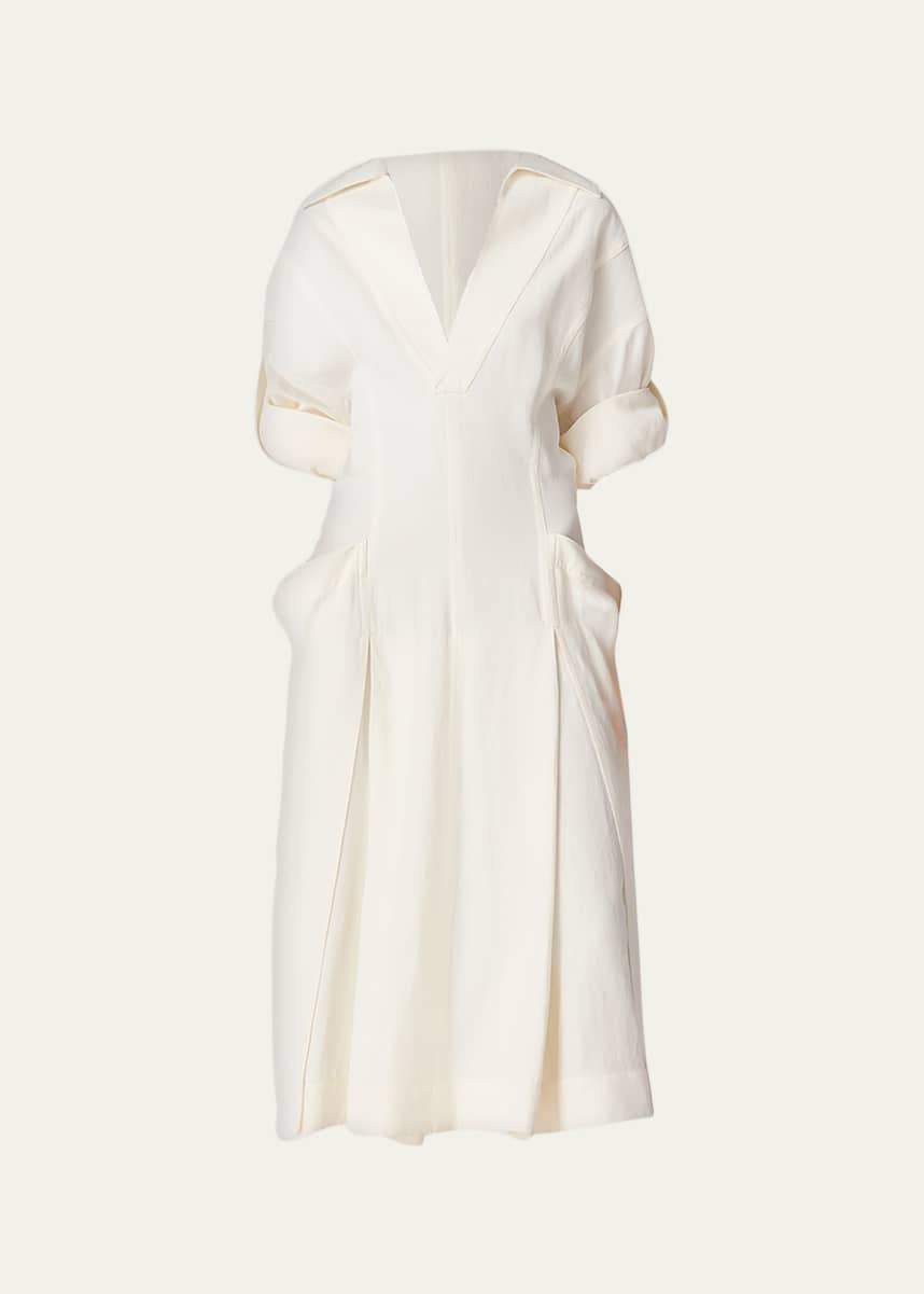 Bottega Veneta Fit-and-Flare Grainy Midi Dress with Frog Embellishments