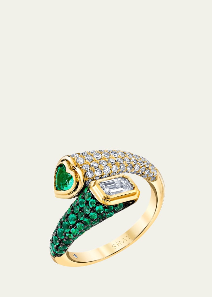 SHAY 18K Yellow Gold Diamond and Emerald Pave Mixed Bypass Pinky Ring