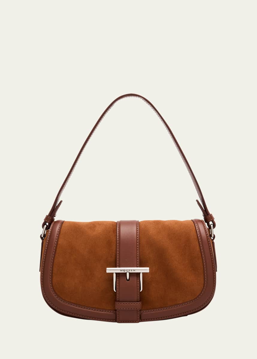 McQueen T-Bar Saddle Suede & Leather Crossbody Bag