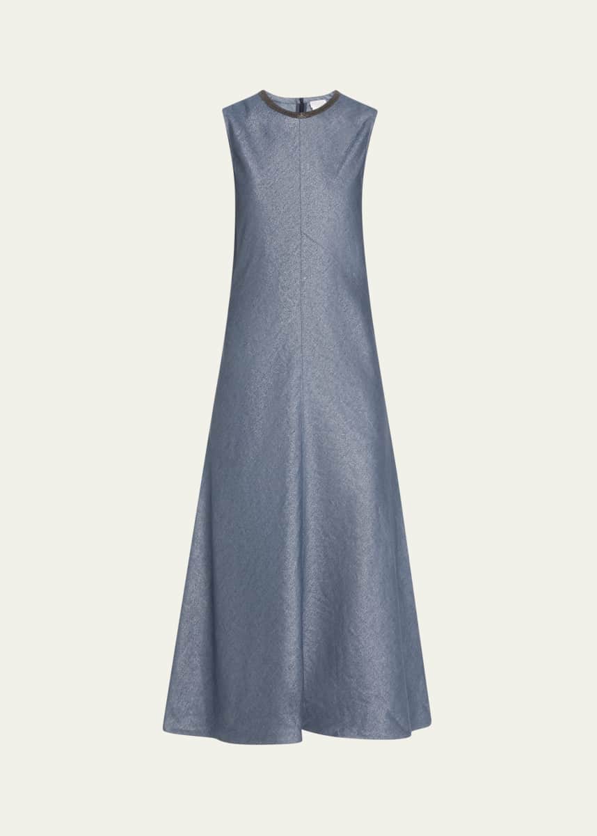 Brunello Cucinelli Shiny Long Linen Wool Twill A-Line Dress with Monili Neckline