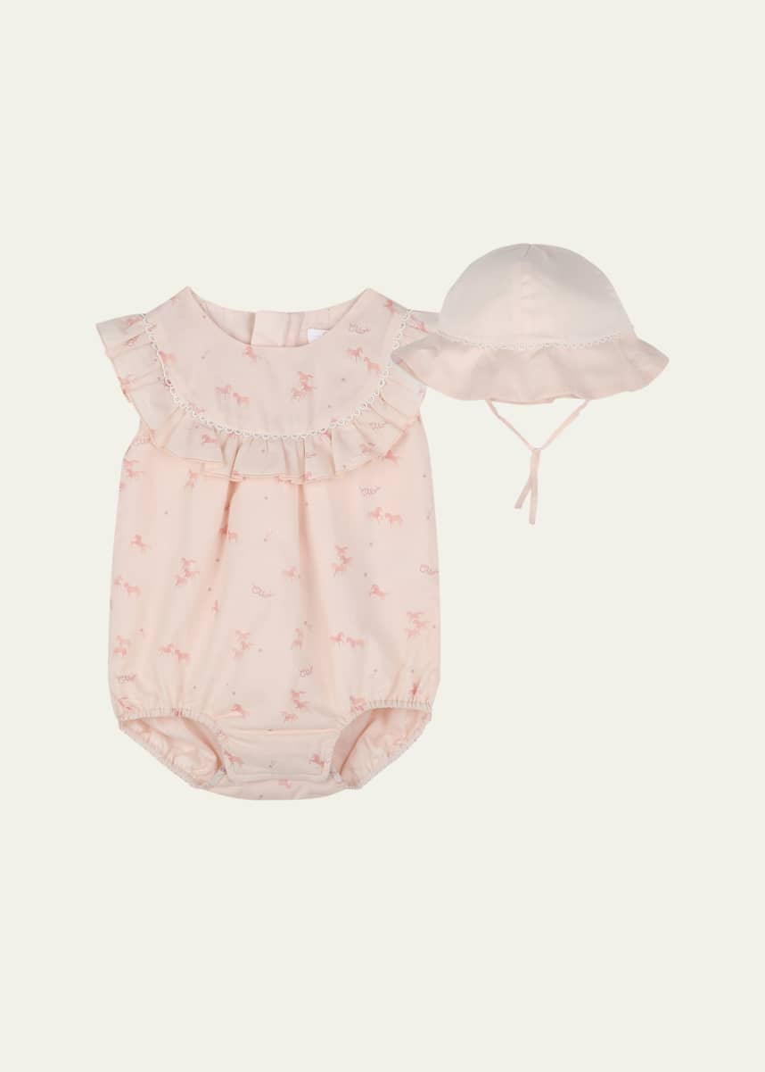 Chloe Girl's Little Horses Printed Romper And Hat, Size Newborn-18M