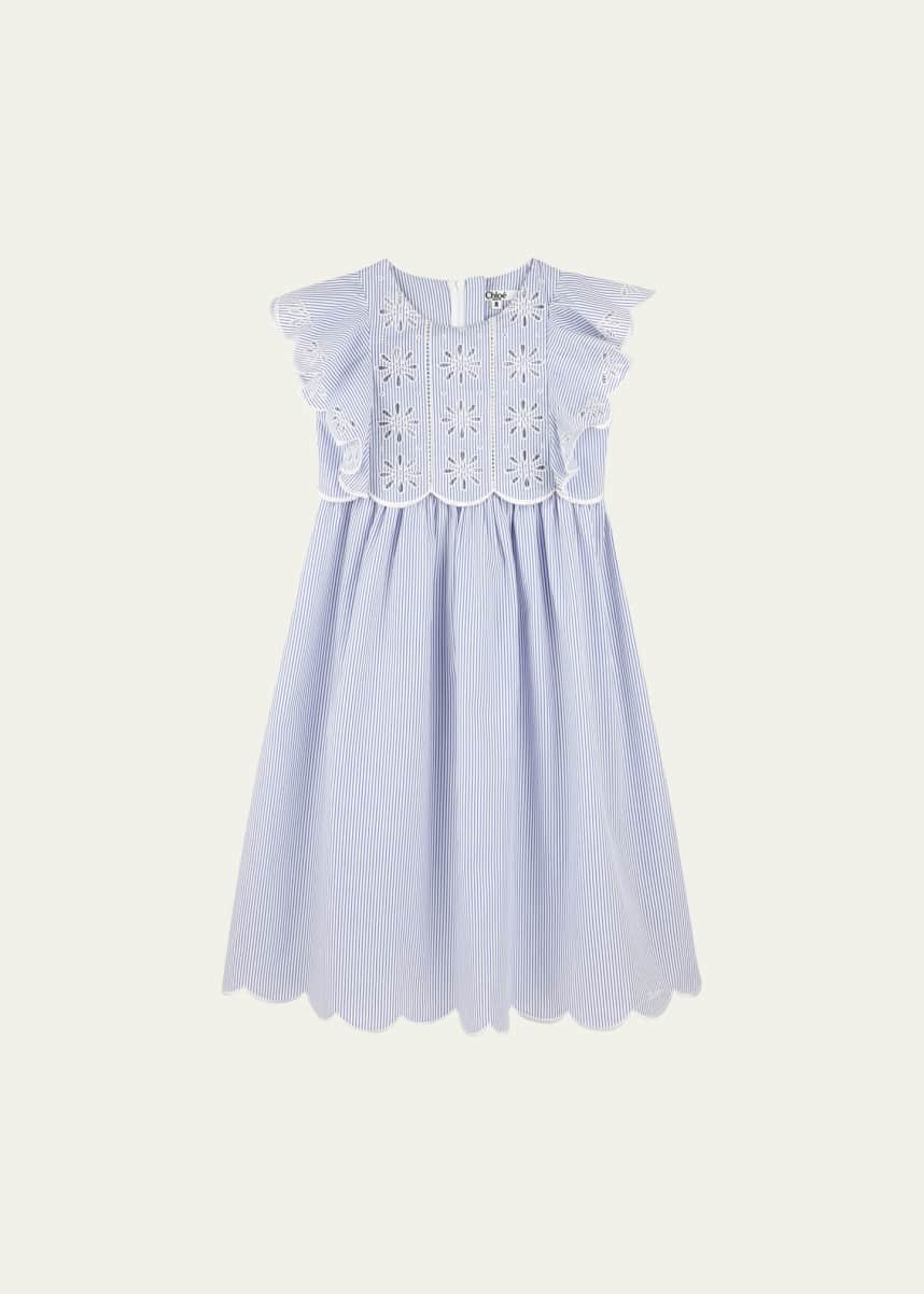 Chloe Girl's Pin-Striped Floral Embroidered Dress, Size 8-12
