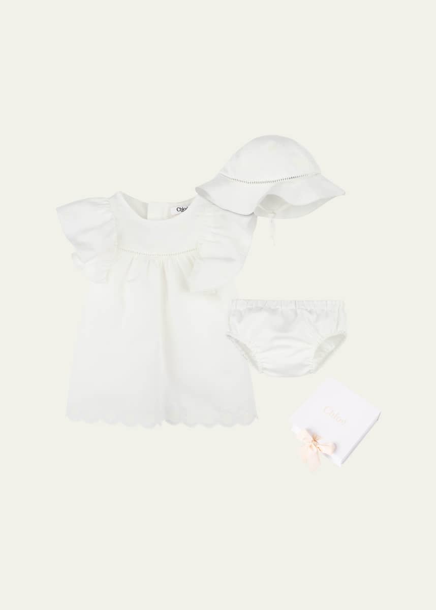 Chloe Girl's Floral Embroidered Dress W/ Bloomer And Hat, Size Newborn-18M