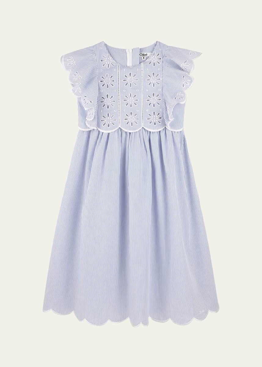 Chloe Girl's Pin-Striped Floral Embroidered Dress, Size 4-6