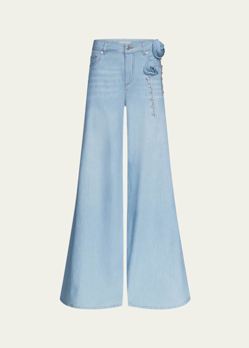 AREA Crystal Rosette Wide Leg Jeans