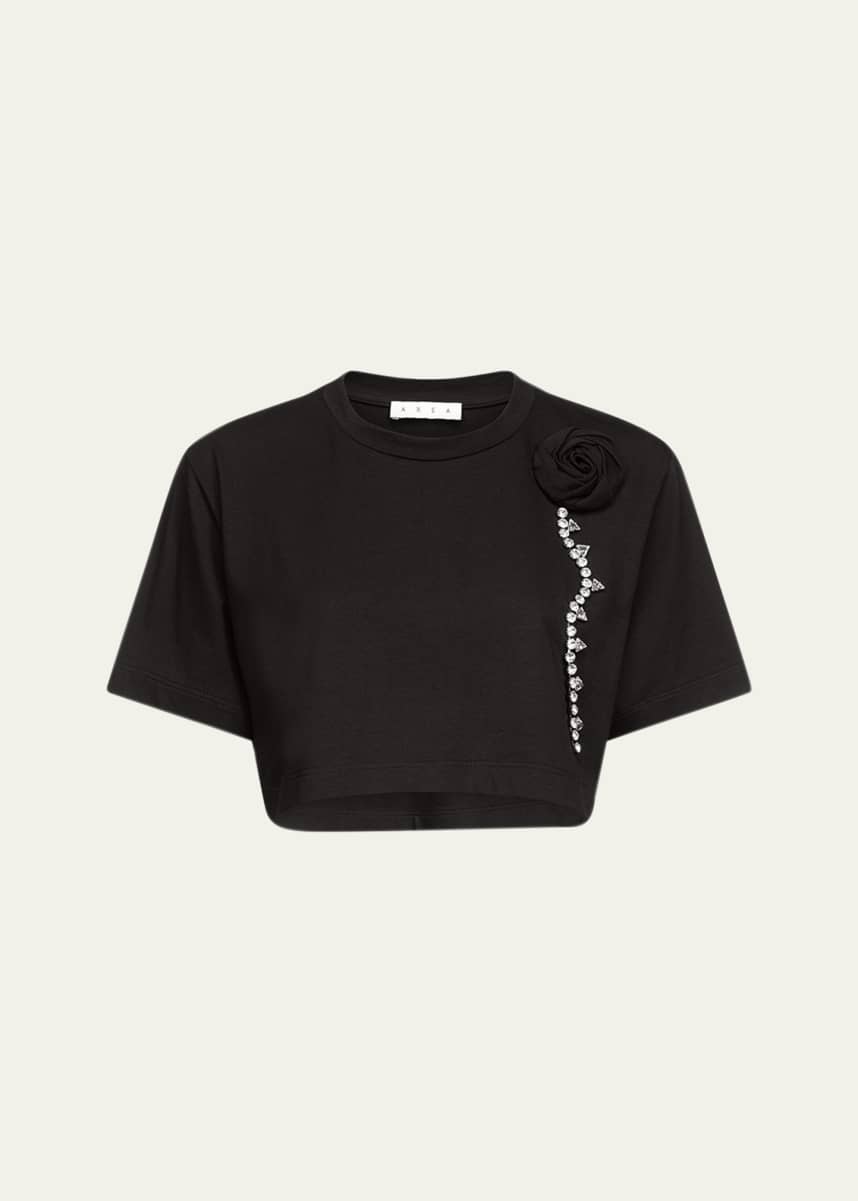 AREA Crystal Rosette Cropped T-Shirt