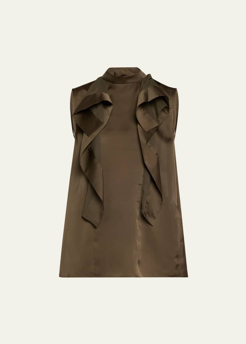SACAI Ruffle High Neck Satin Chiffon Blouse