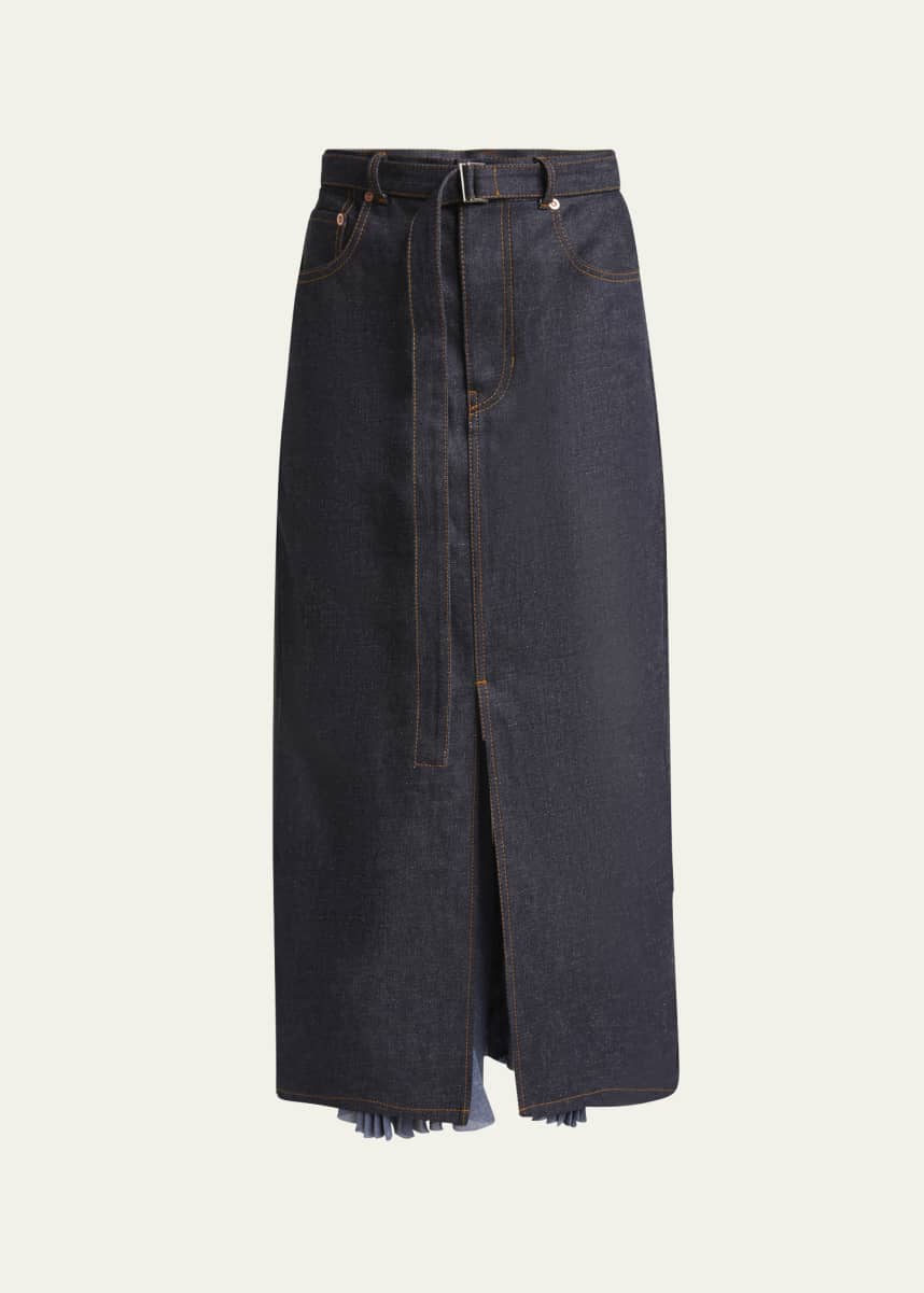 SACAI Pleated Back Denim Belted Midi Skirt