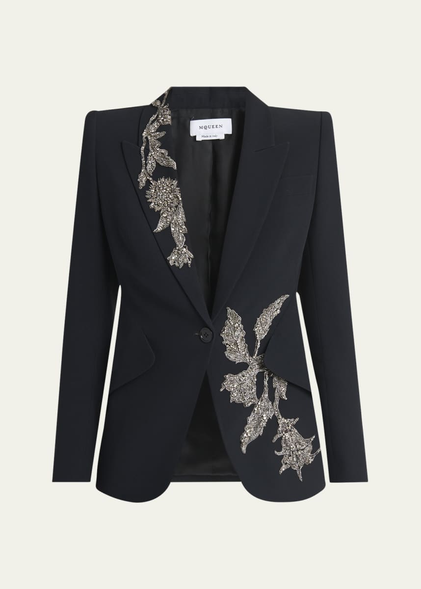 McQueen Floral Crystal One-Button Crepe Blazer