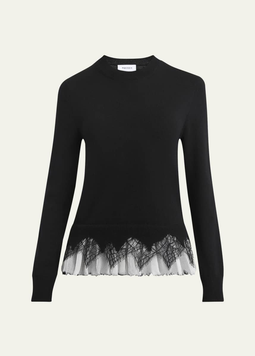 McQueen Lace Ruffle Crewneck Sweater