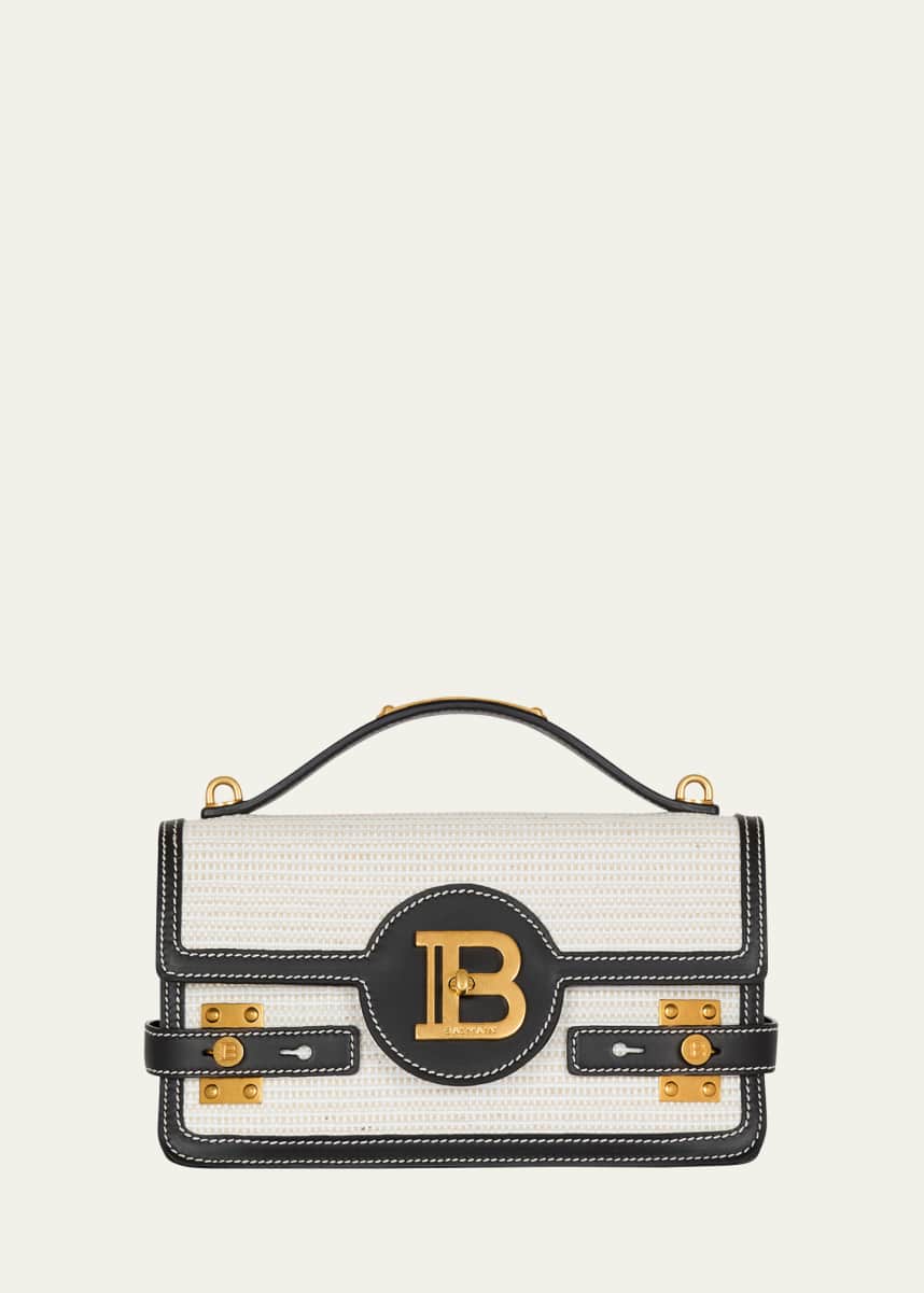Balmain B-Buzz 24 Shoulder Bag in Raffia and Calfskin