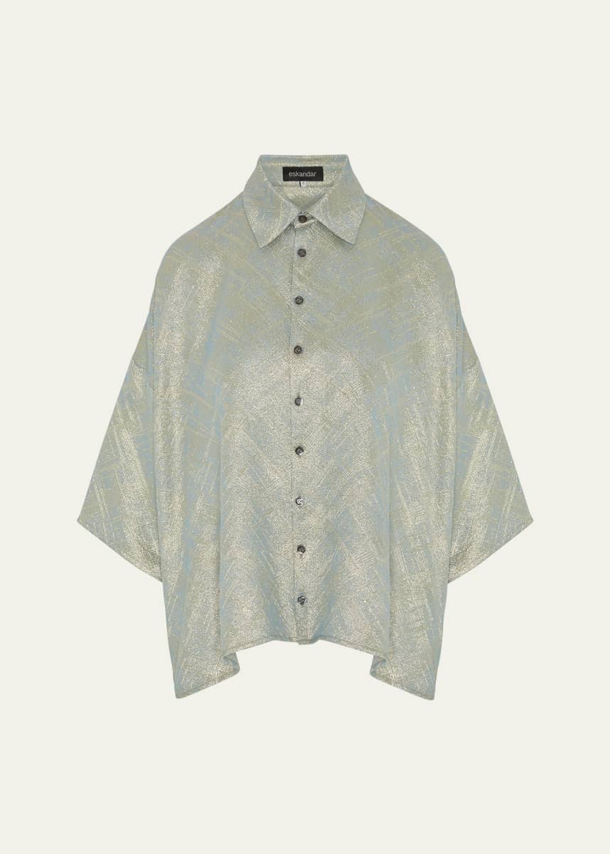 Eskandar Sloped Shoulder Wide A-Line Short Sleeve Shirt With Collar (Mid Length)