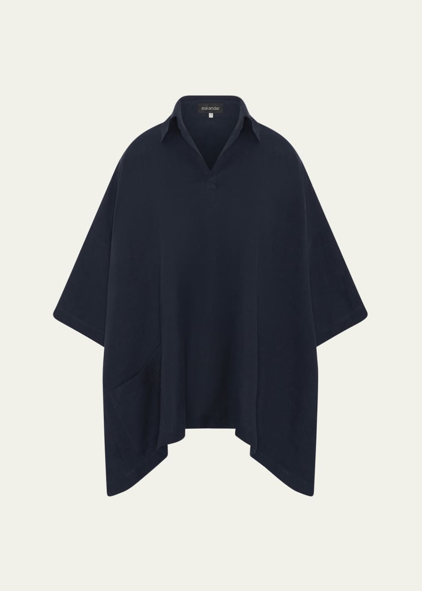 Eskandar Angle-To-Front Side Seam Short Sleeve Tunic with Collar (Long Length)