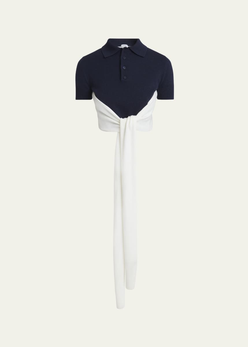 Loewe Colorblock Cropped Backless Wool Cashmere Polo Sweater with Self-Tie