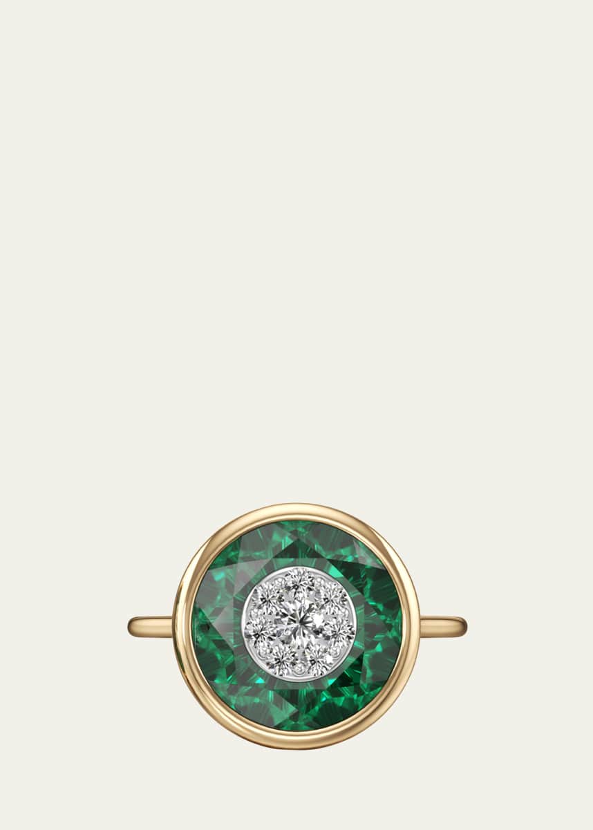 Bhansali One Collection 10mm Round Fusion Emerald Bezel Ring in 18K Yellow Gold with Diamonds, Size 6.5
