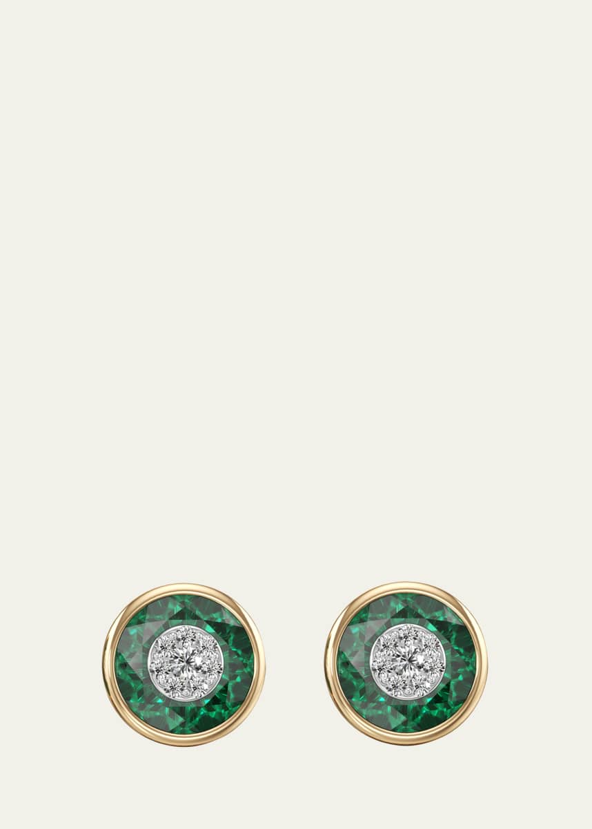 Bhansali One Collection 10mm Round Emerald Bezel Stud Earrings in 18K Yellow Gold with Diamonds