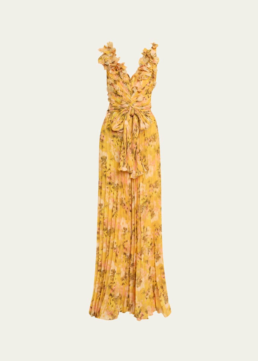 Badgley Mischka Pleated Floral-Print Georgette Jumpsuit