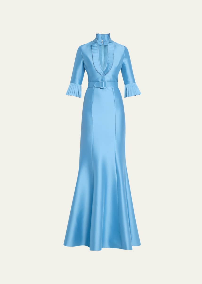 Badgley Mischka Pleated-Trim Trumpet Mikado Gown
