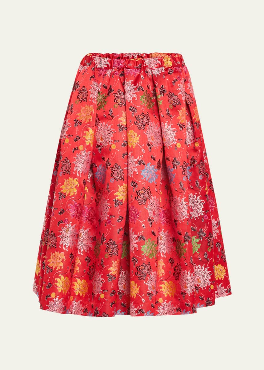 Comme des Garcons Red Flower Jacquard Pleated Midi Skirt