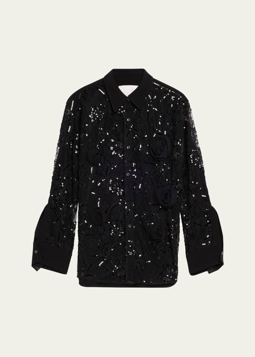 3.1 Phillip Lim Rosette Sequined Lace Sheer Button-Down Shirt