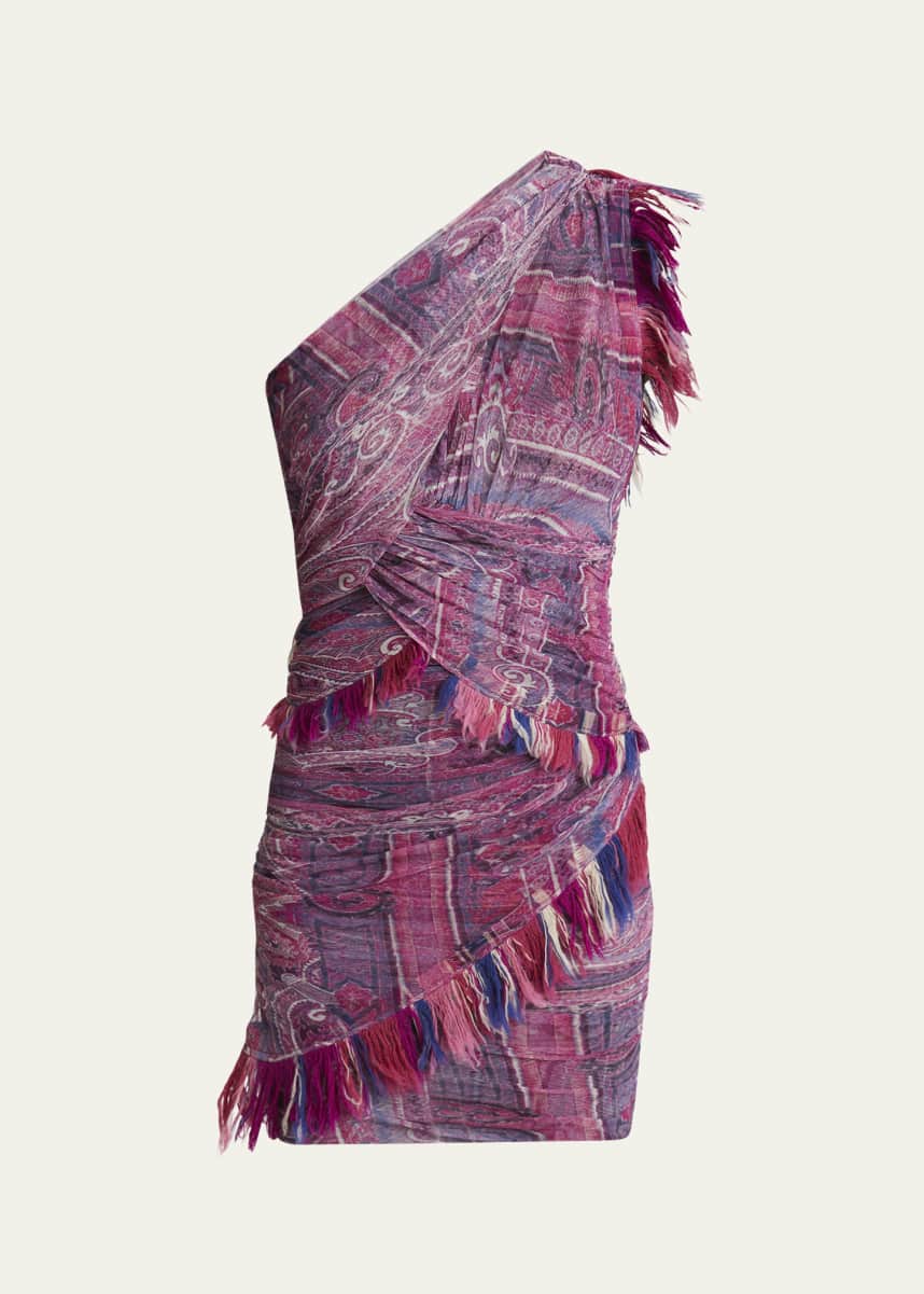 Isabel Marant Dessia Printed One-Shoulder Fringe Mini Dress