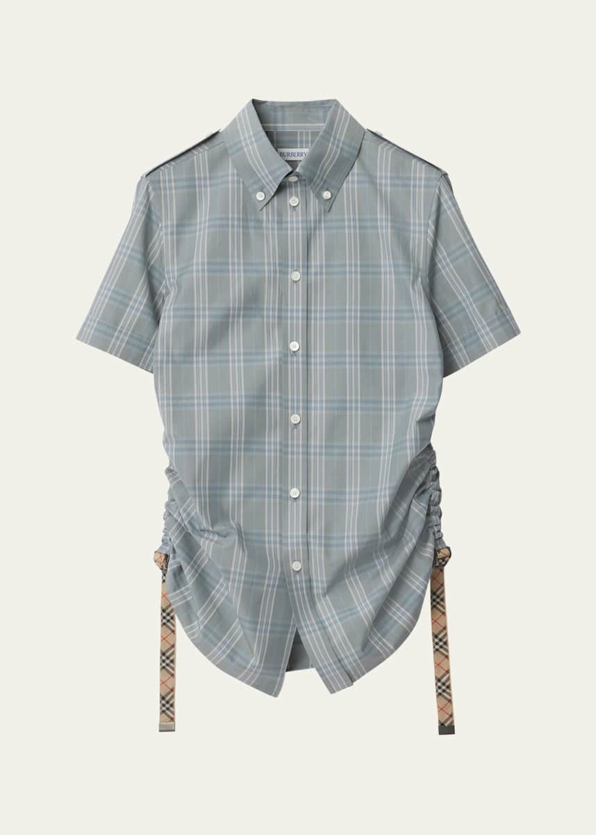 Burberry Check Drawstring Button Down Cotton Shirt