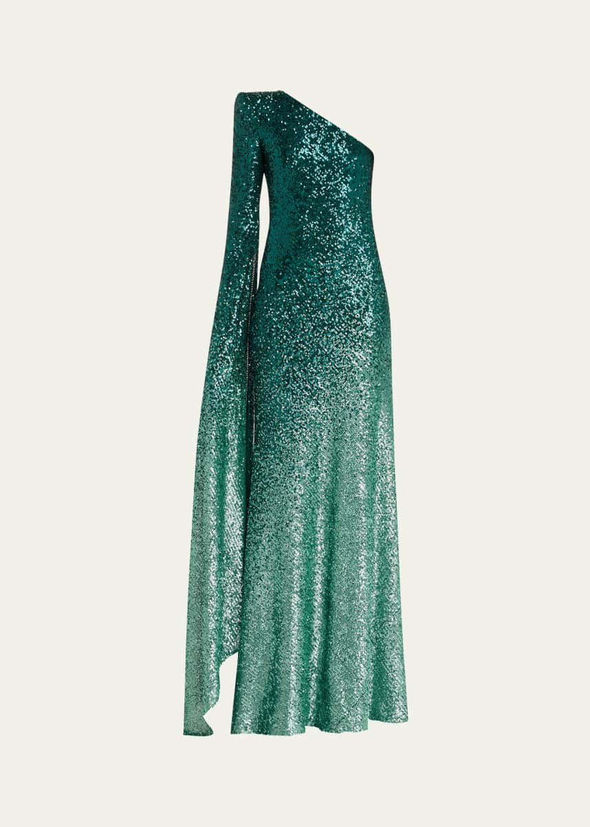 Naeem Khan Ombre Sequined One-Shoulder Cascading Sleeve Gown