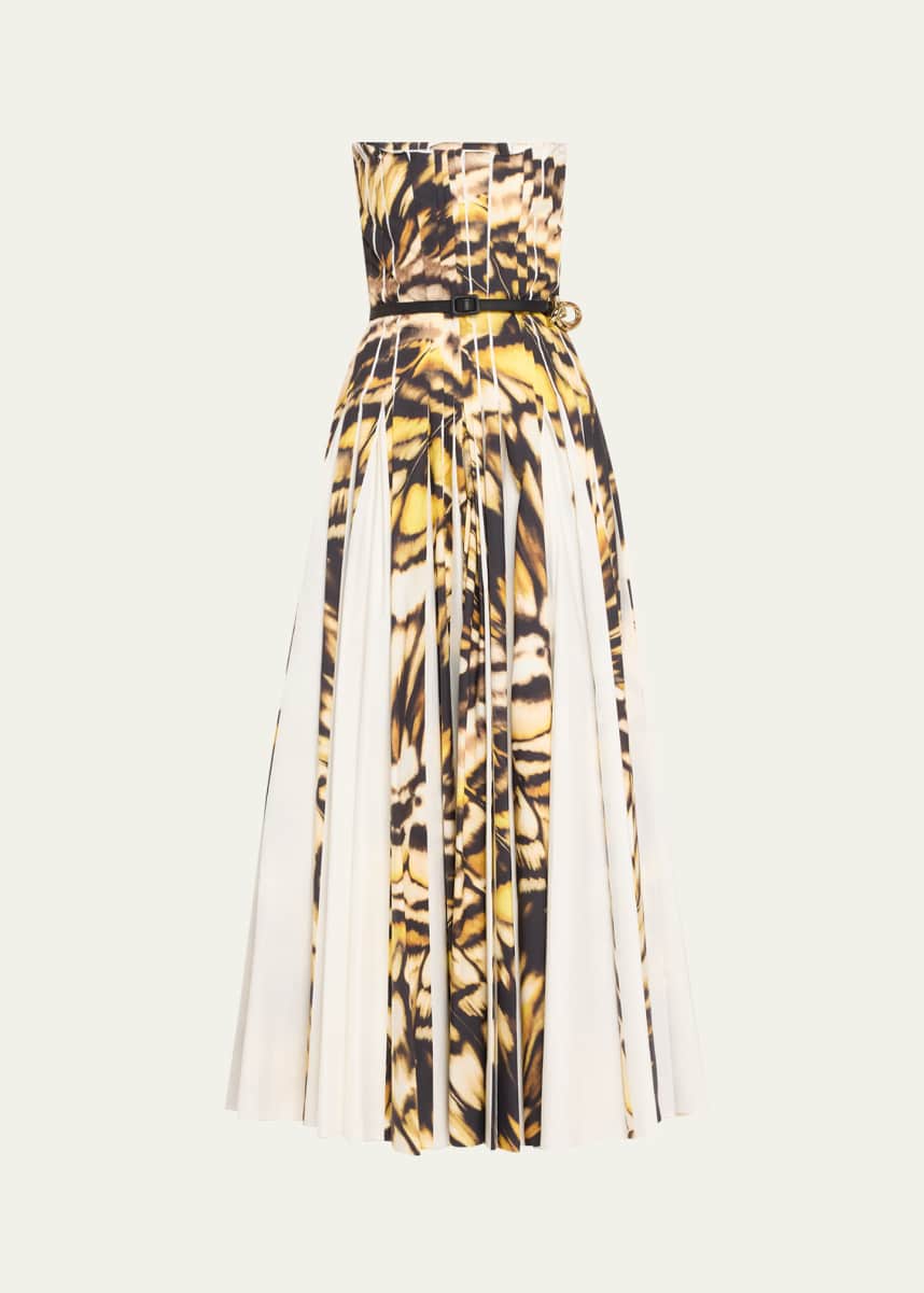 Oscar de la Renta Strapless Pleated Butterfly Poplin Ankle Dress With Belt