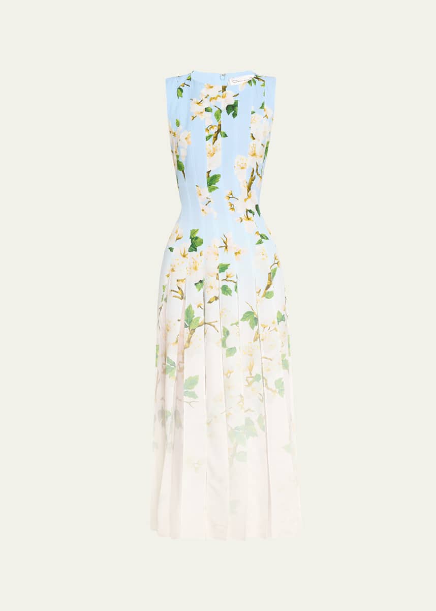 Oscar de la Renta Sleeveless Cherry Blossom Pleated Cady Midi Dress