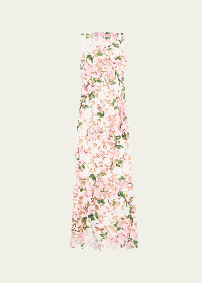 Oscar de la Renta Sleeveless Cherry Blossom Guipure Gown