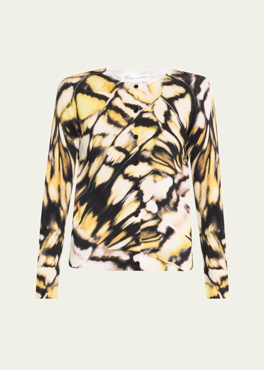 Oscar de la Renta Butterfly-Printed Crewneck Cardigan